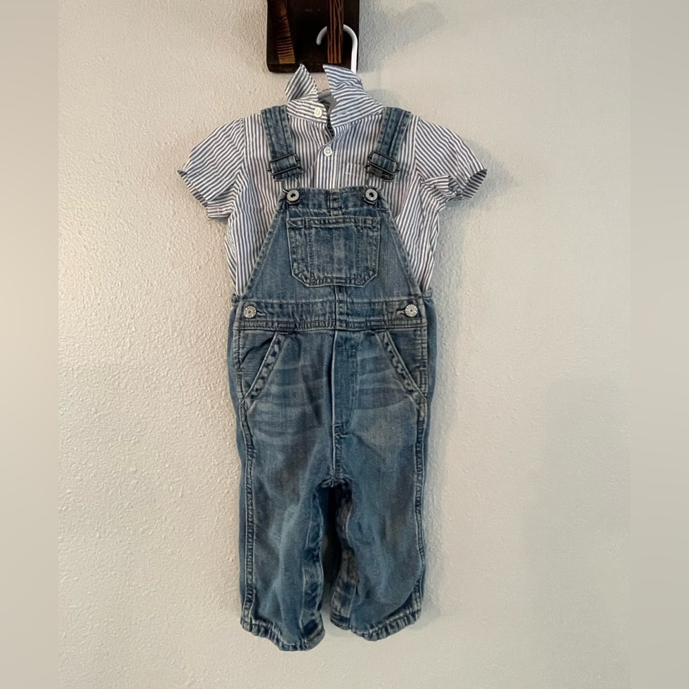 Bay Gap Organic Denim Blue Long Overalls with collared button shirt
